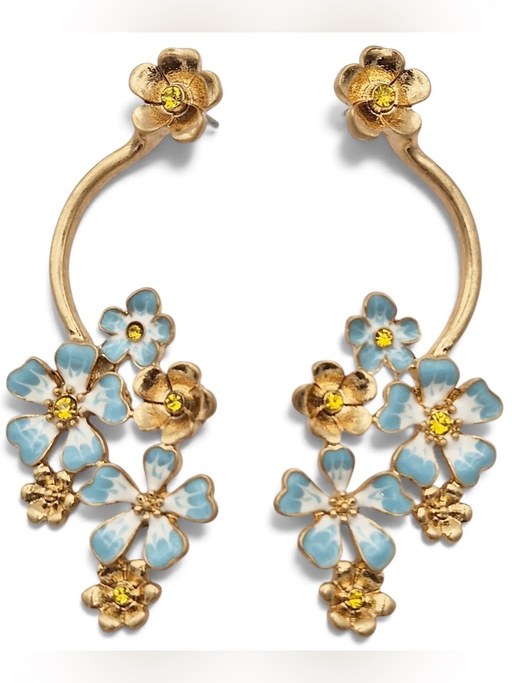 NWOT OSCAR DE LA RENTA Hand Painted Flower Drop Earrings Blue Gold-Tone